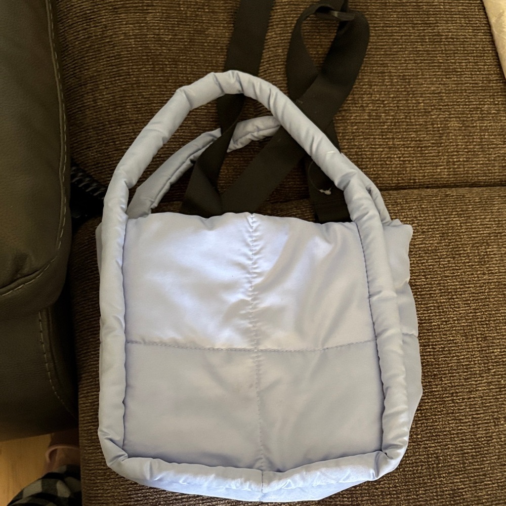 Light Blue Puffer Tote Bag with Black Straps